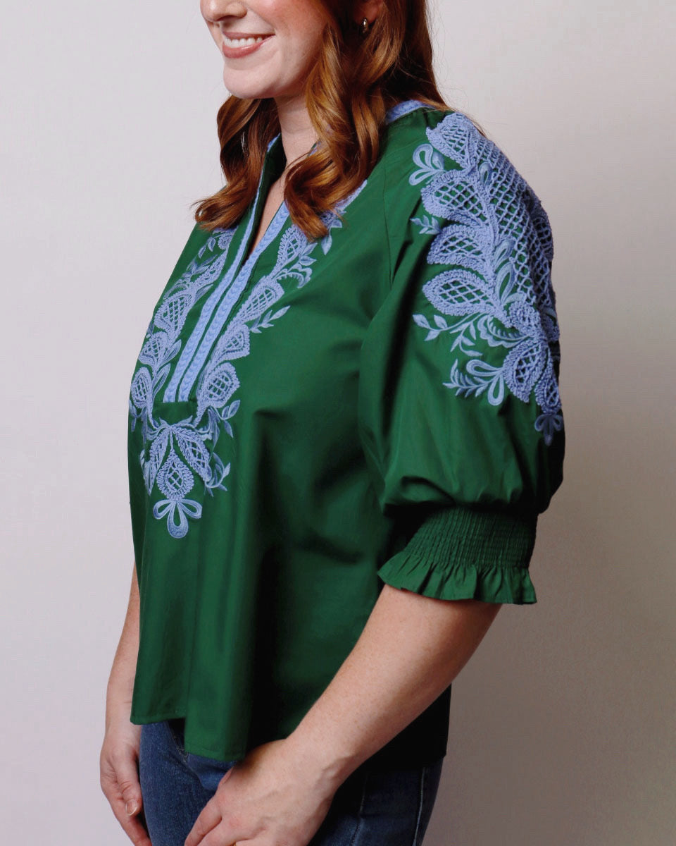 Ariel Embroidered 3/4 Sleeve Top in Hunter Green