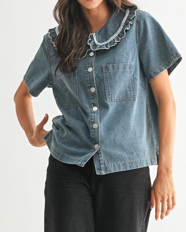 Denim Blouse with Ruffled Collar - Blackbird Boutique