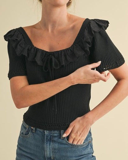 Square Neck Crochet Trim Sweater Top - Blackbird Boutique