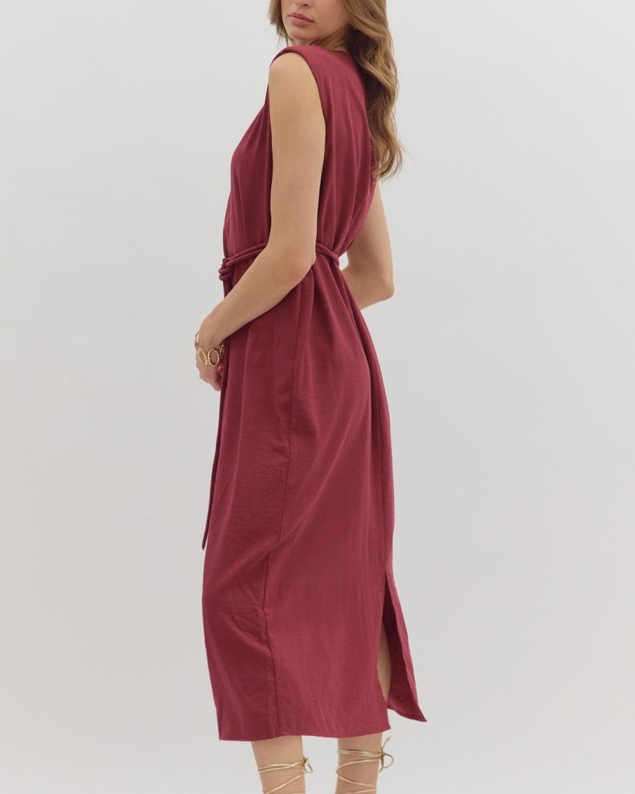 Belted Midi Dress in Burgundy - Blackbird Boutique