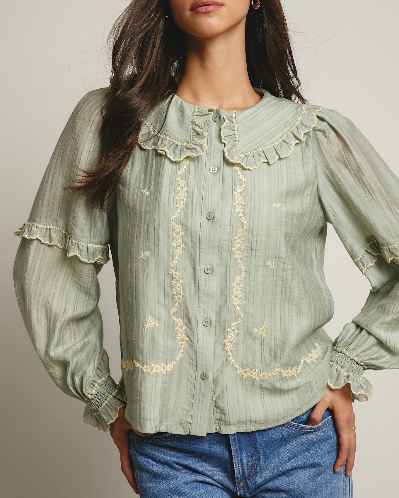 Embroidered Ruffle Collar Blouse - Blackbird Boutique