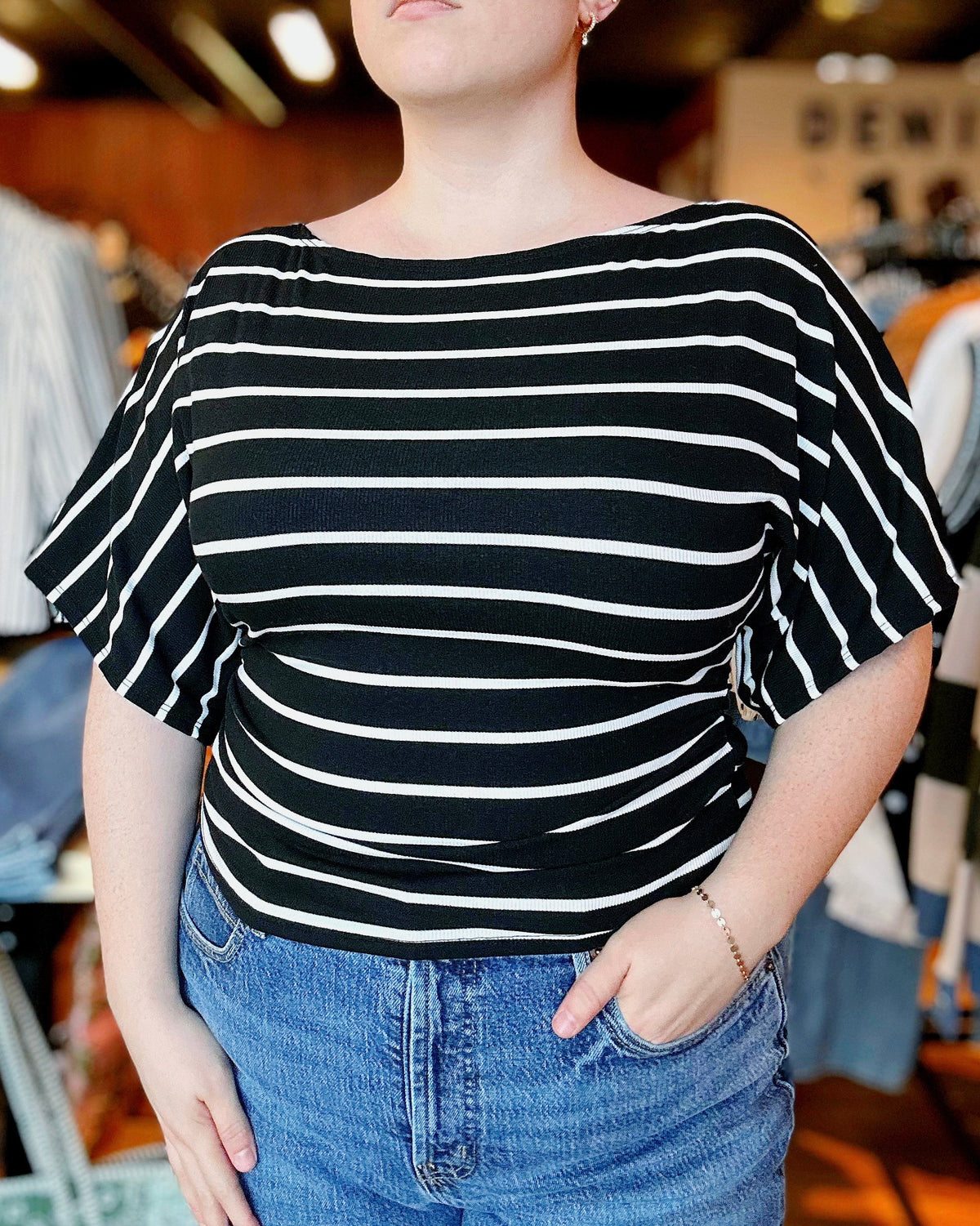 Amelia Striped Boat Neck Ruched Kimono Sleeve Top - Blackbird Boutique