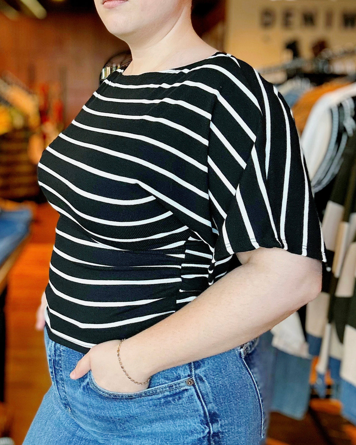 Amelia Striped Boat Neck Ruched Kimono Sleeve Top - Blackbird Boutique