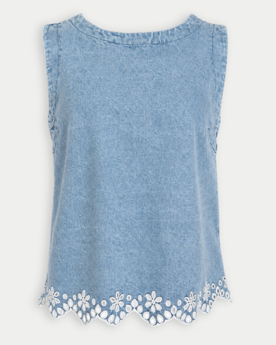 Light blue sleeveless top with floral lace trim on a white background