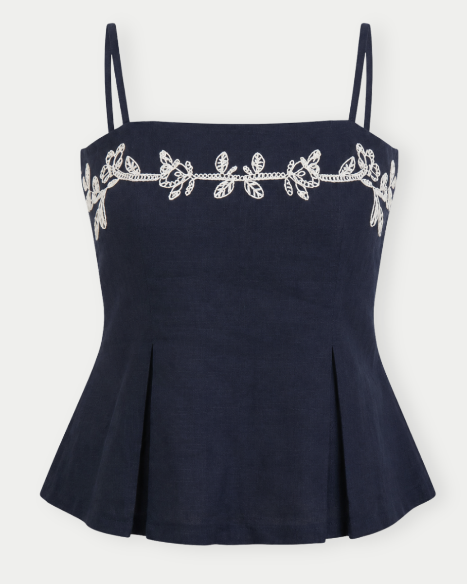 Navy blue top with floral lace details on a white background