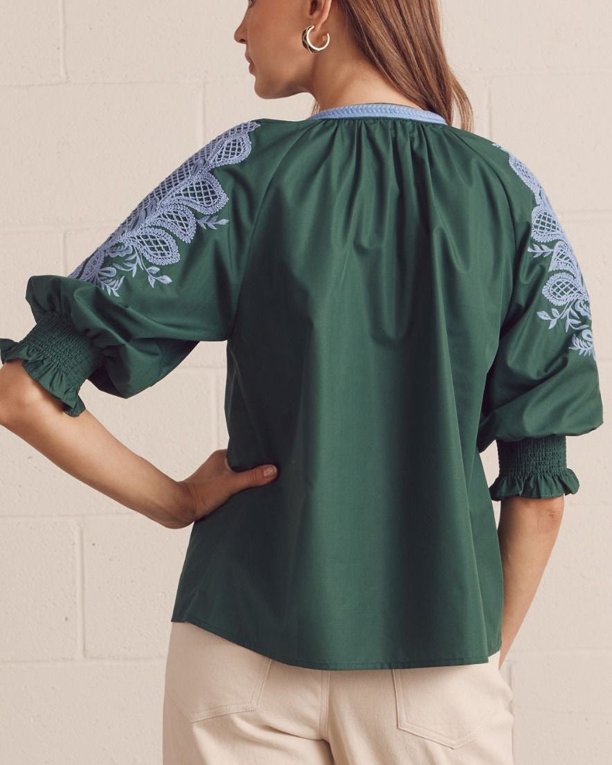 Model wearing a green blouse with blue embroidery against a neutral background back view