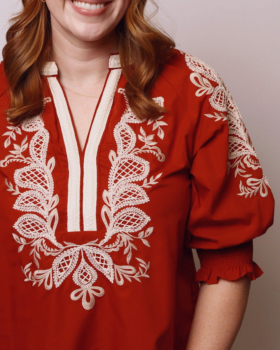 Ariel Embroidered 3/4 Sleeve Top in Rust