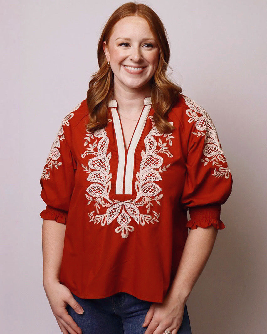 Ariel Embroidered 3/4 Sleeve Top in Rust