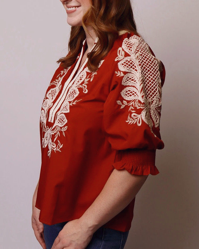 Ariel Embroidered 3/4 Sleeve Top in Rust