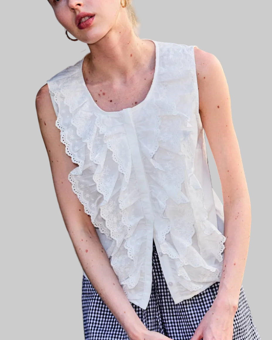 Aubrey Cotton Lace Trim Button Down Sleeveless Shirt - Blackbird Boutique Vertical lace front top in white. Elevated every day. Good for vacation, date night, weekend wear.