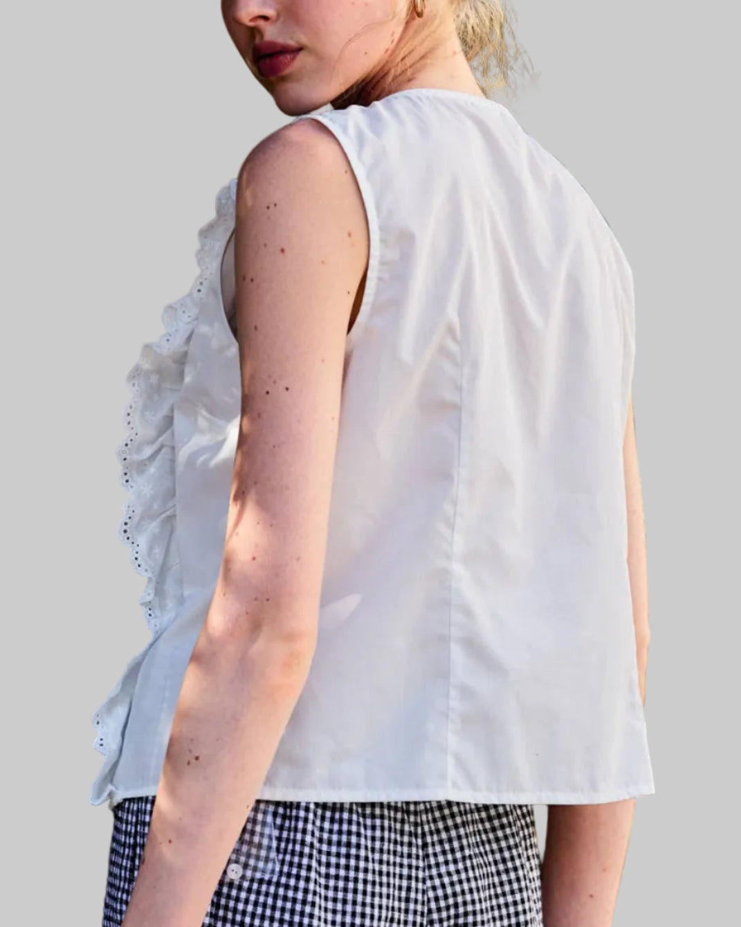 Aubrey Cotton Lace Trim Button Down Sleeveless Shirt - Blackbird Boutique Vertical lace front top in white. Elevated every day. Good for vacation, date night, weekend wear. back view