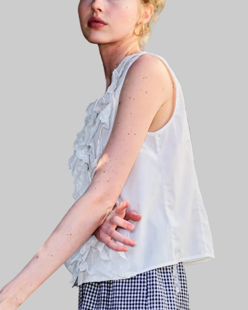 Aubrey Cotton Lace Trim Button Down Sleeveless Shirt - Blackbird Boutique Vertical lace front top in white. Elevated every day. Good for vacation, date night, weekend wear. side viwq