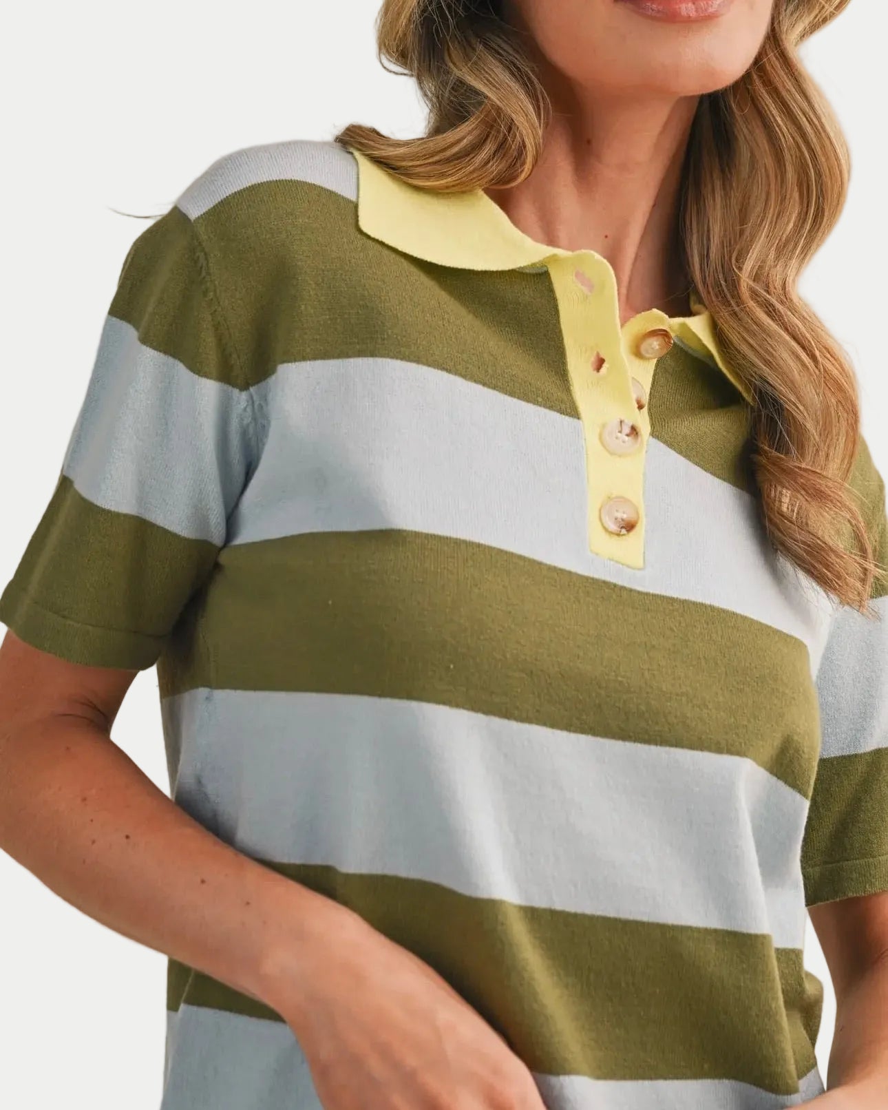 Avery Striped Sweater Knit Top in sage/blue. Perfectly soft for school, running errands, weekend wear, casual days. Featured on a model with a neutral background. Close up