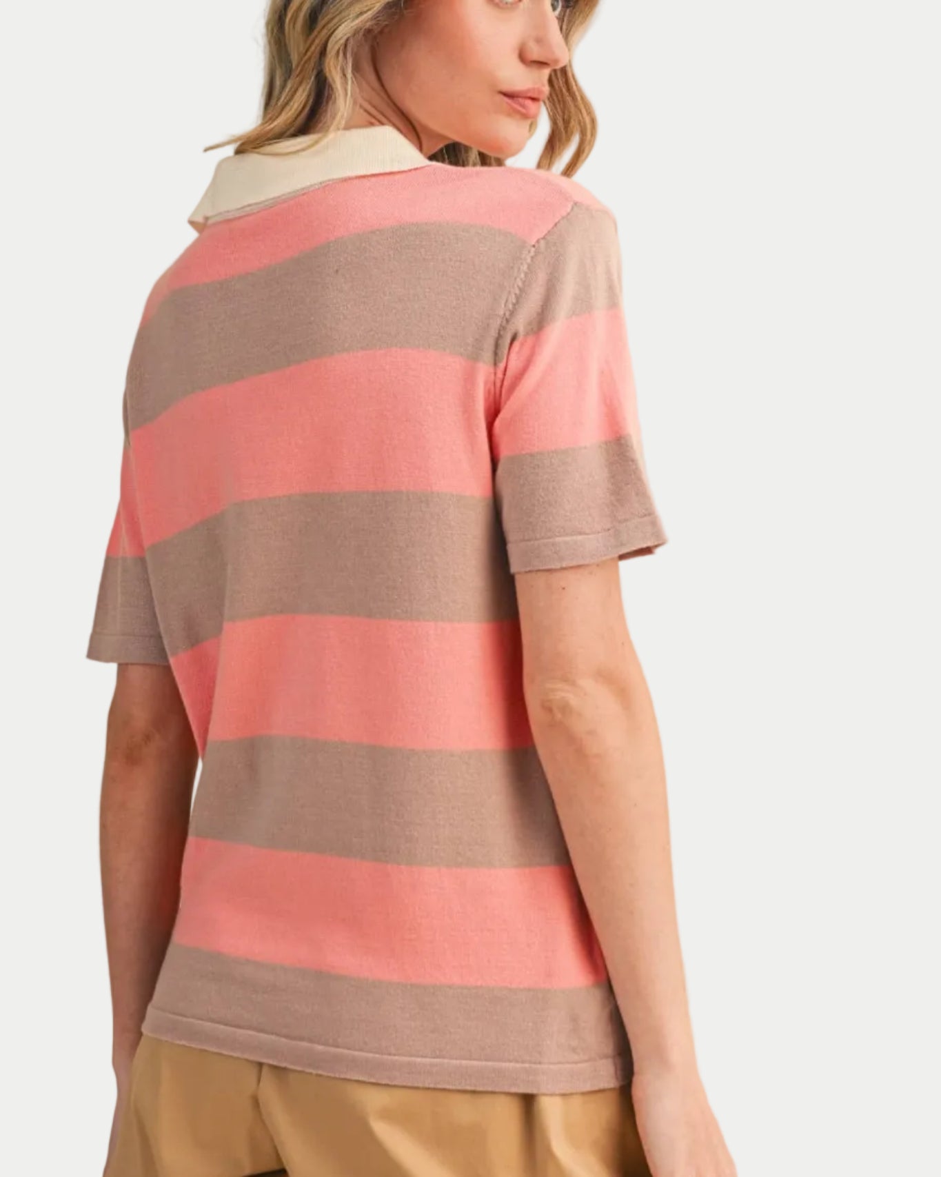 Avery Striped Sweater Knit Top in coral sand. Perfectly soft for school, running errands, weekend wear, casual days. Featured on a model with a neutral background. Back view