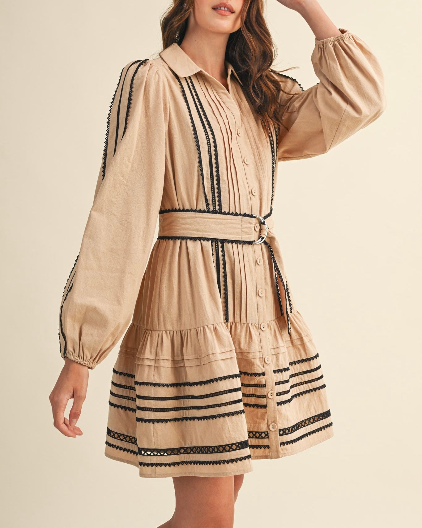 Long Sleeve Shirt Mini Dress in Tan and Black
