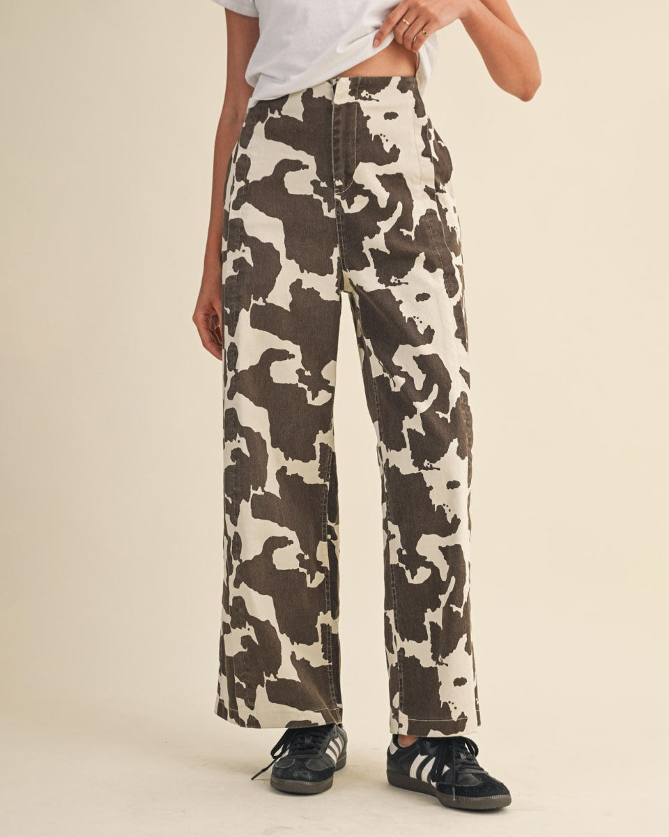 High Wasted Wide Leg Cow Print Pants - Blackbird Boutique