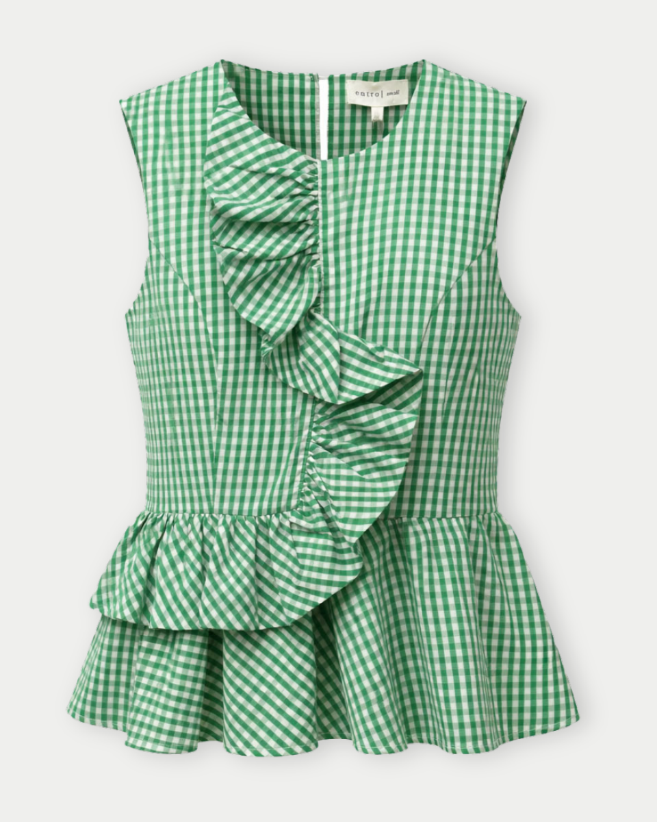 Green checkered dress with ruffled details on a white background