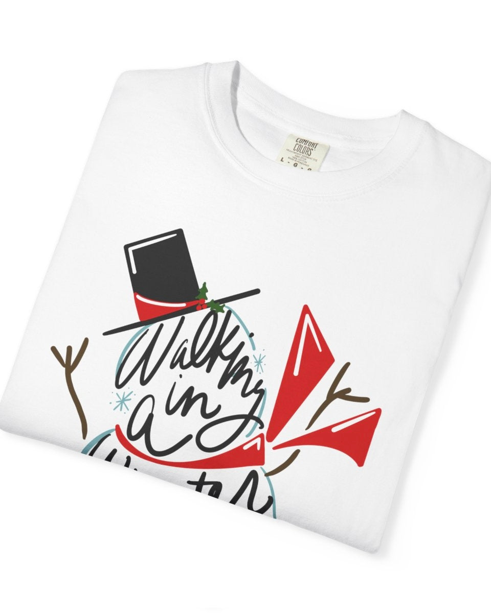 White t-shirt with colorful graphic design on a white background