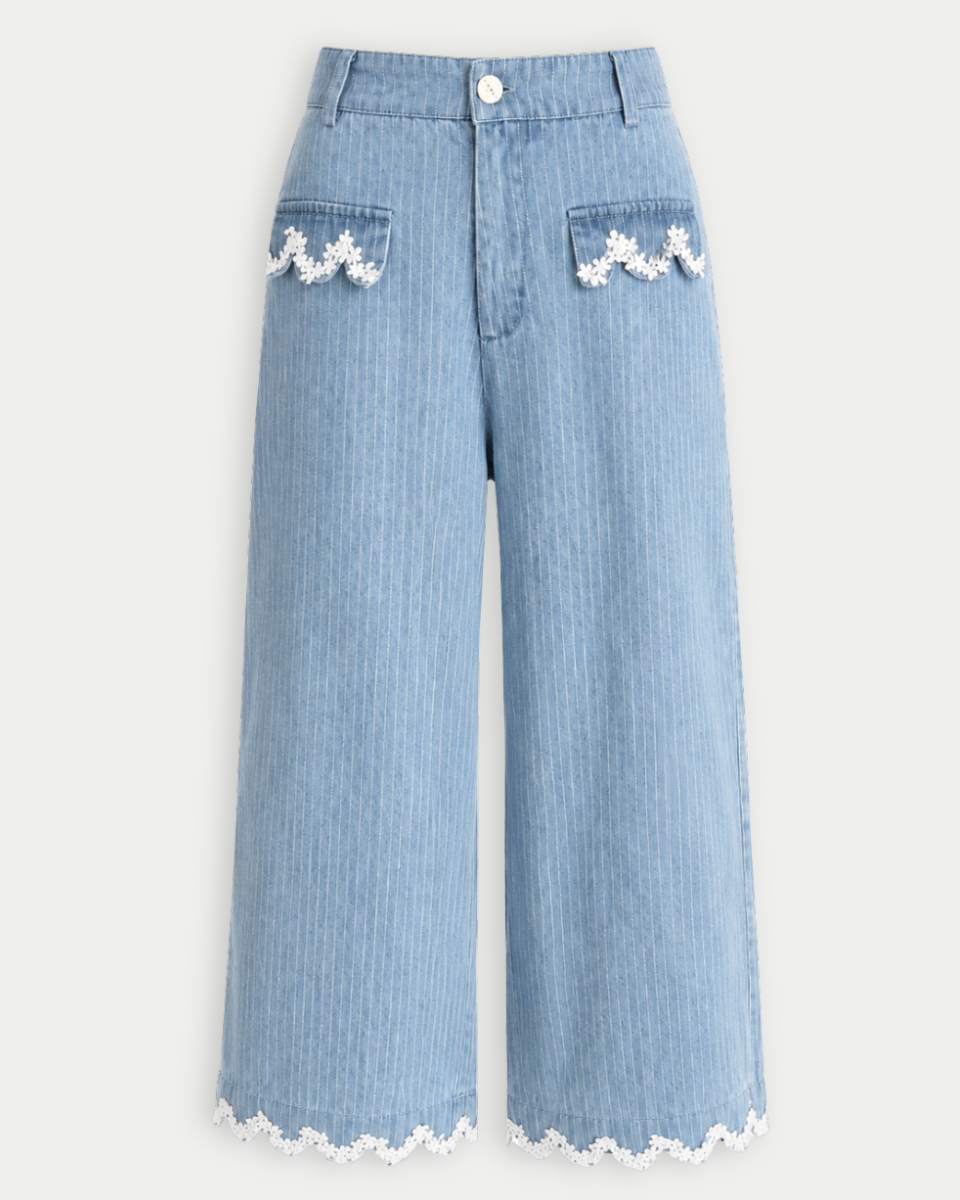 Sally Pinstripe Cropped Wide Leg Pants With Lace Trim