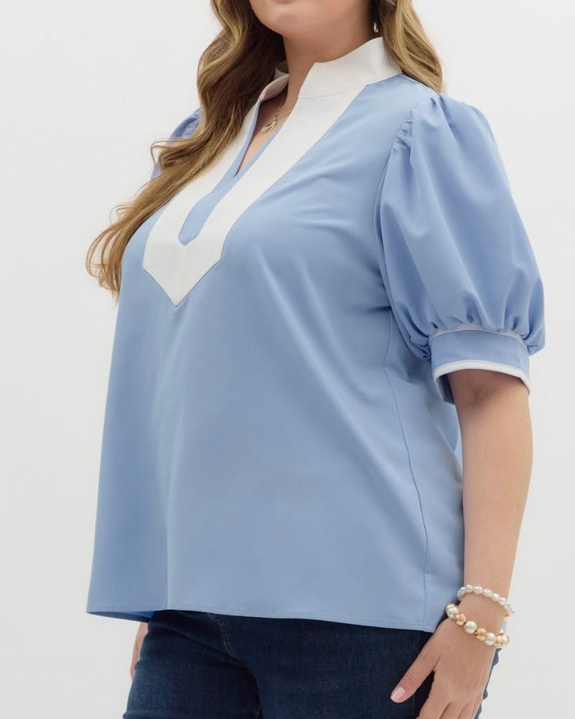 PLUS Blue With White Trim Blouse - Blackbird Boutique