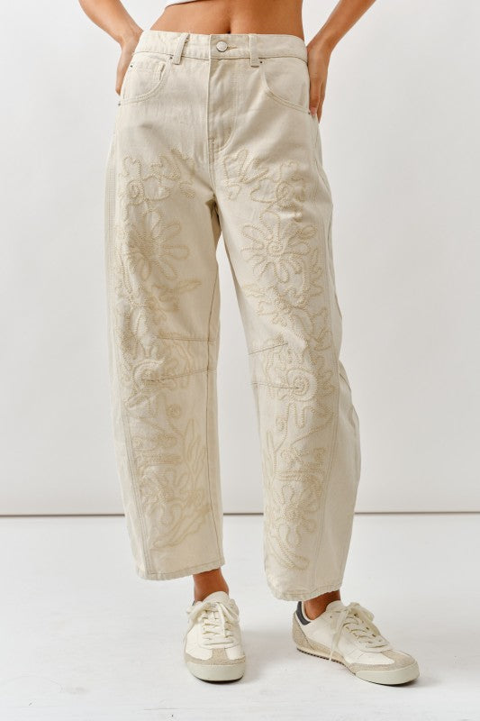 Embroidered Detail Cotton Barrel Pants in beige