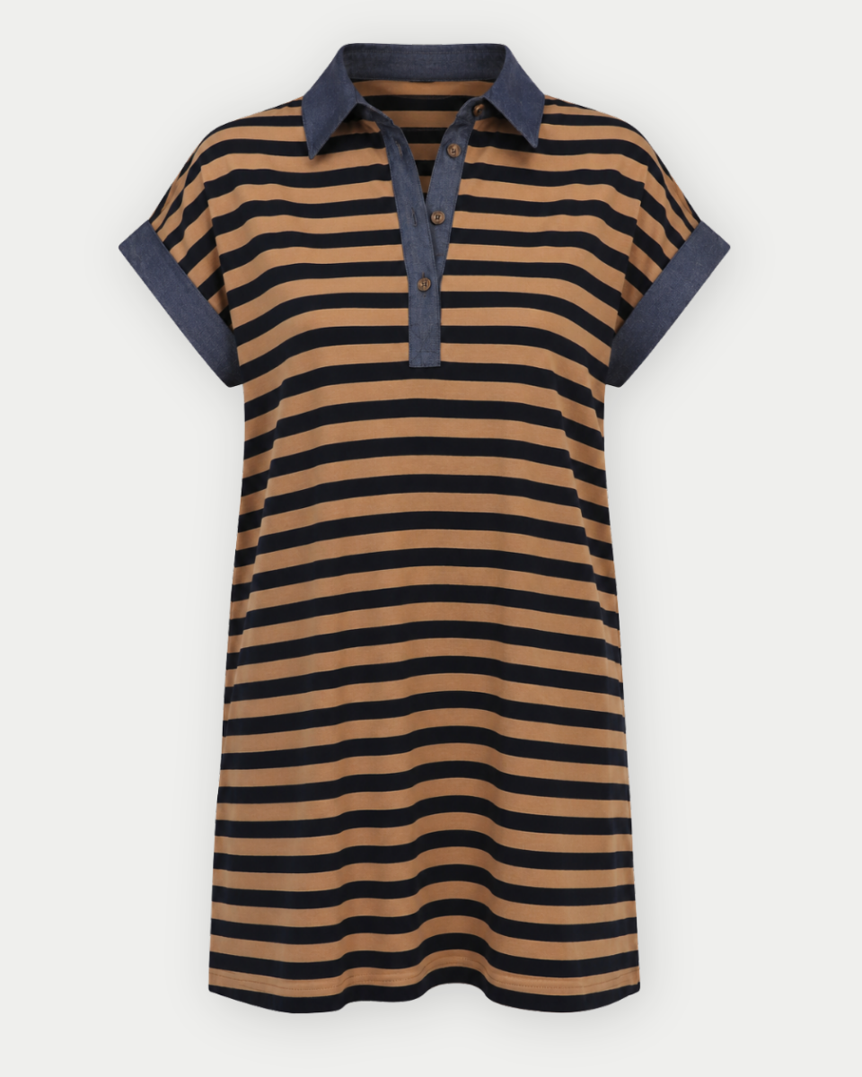 Chelsea Yacht Club Relaxed Fit Casual Stripe Polo Mini Dress NAVY/LATTE / M