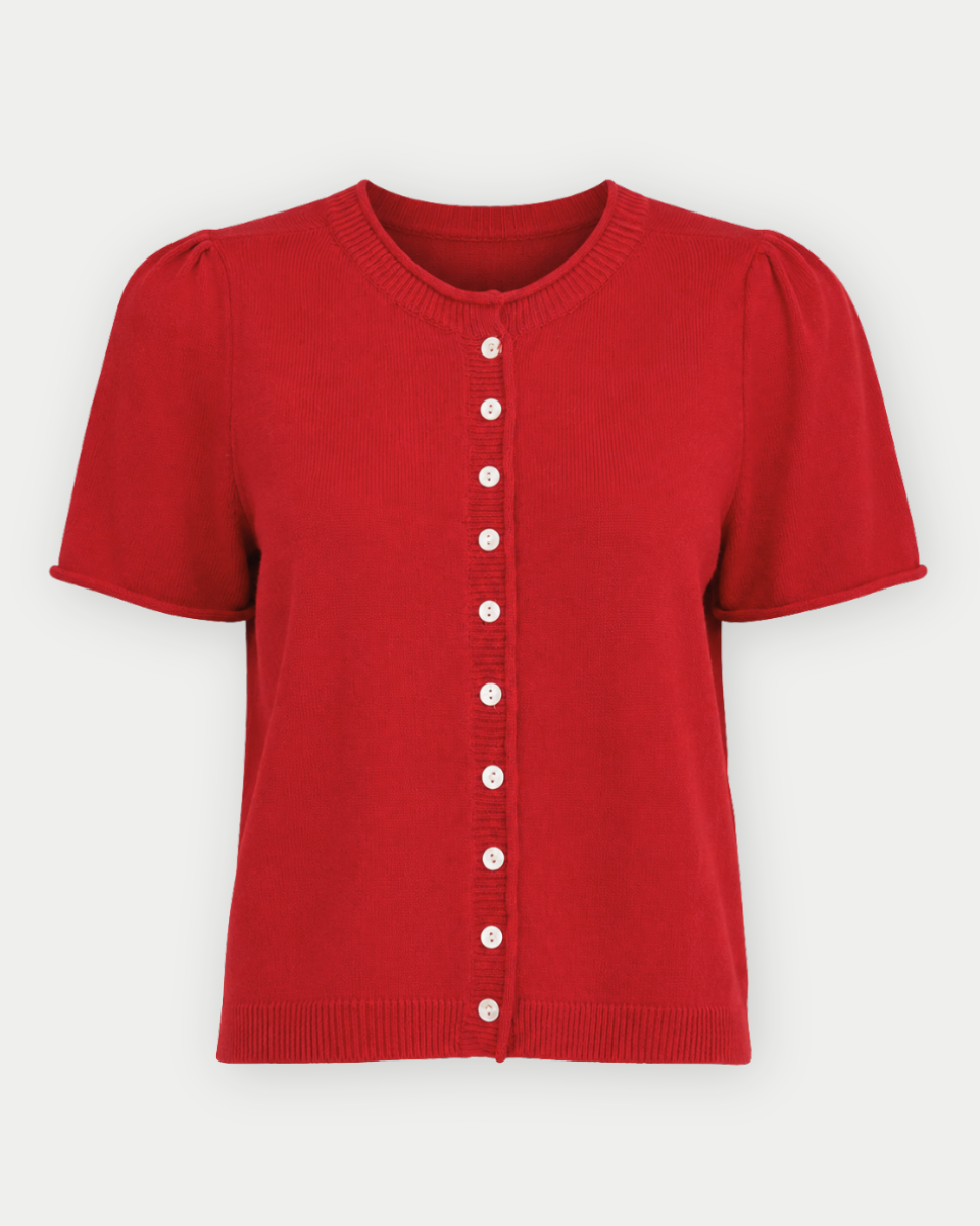 A red short-sleeve knit cardigan top with puff sleeves and a front button closure, shown on a light gray background.
