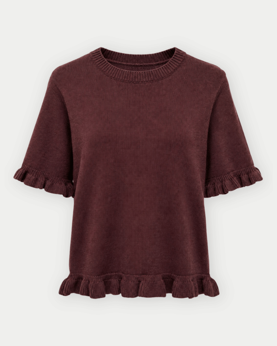 Bernadette Ruffle Hem Accent Short Sleeve Knitted Sweater