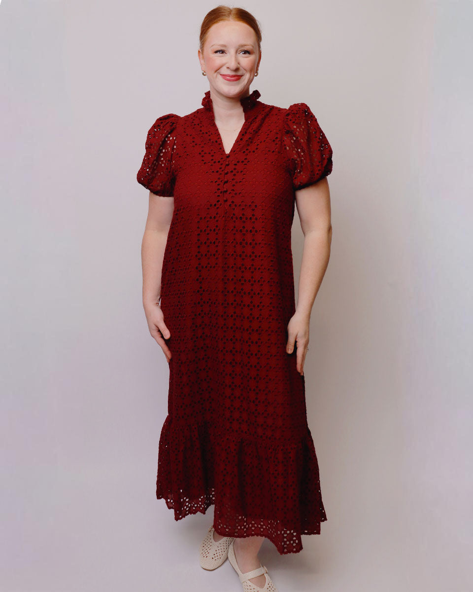 burgundy eyelet midi dress Betty Short Puff Sleeve in and bold patterns