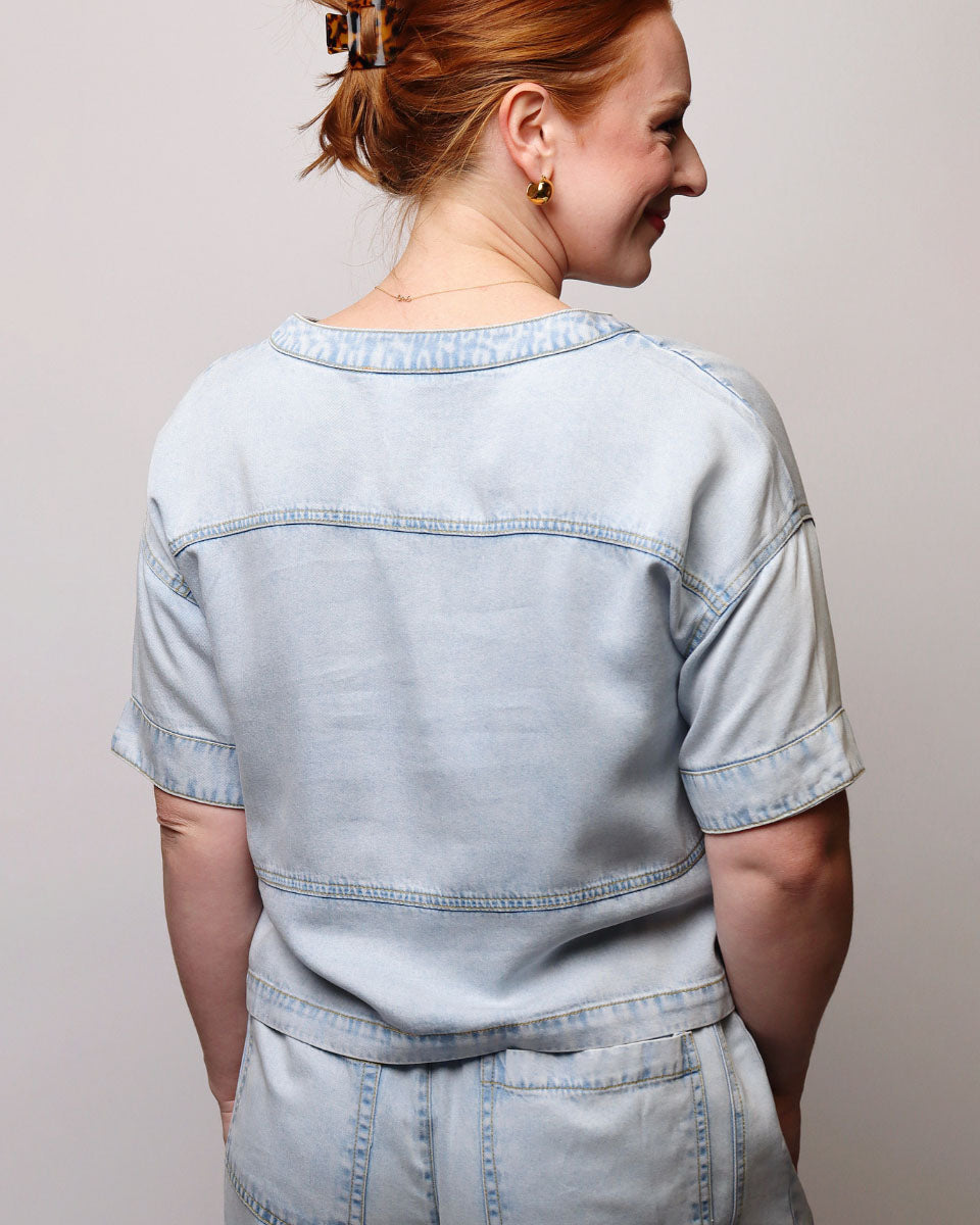 Tori Washed Denim Split Neck Short Sleeve Top