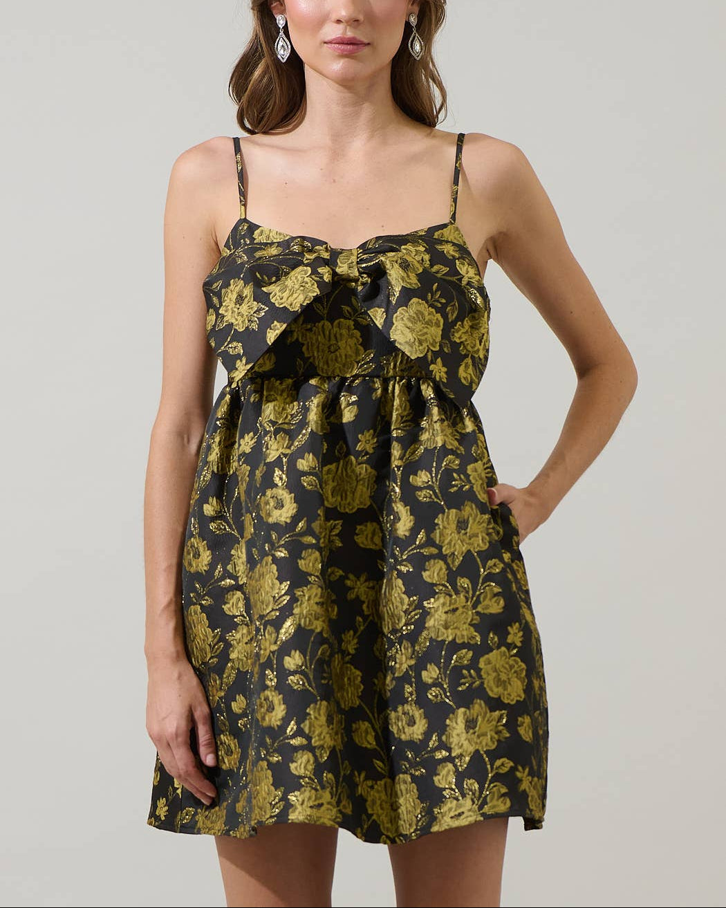 Thalia Jacquard Bow Tie Babydoll Mini Dress BLACK-GOLD / XL by Sugarlips