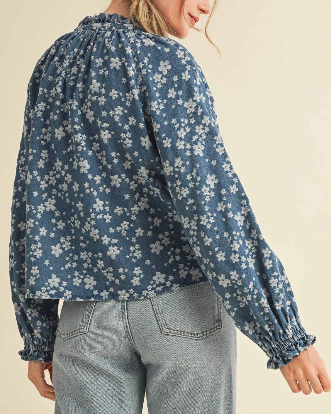 Denim Floral Print Long Sleeve Top - Blackbird Boutique