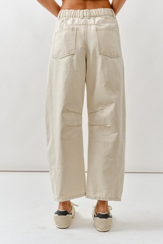 Embroidered Detail Cotton Barrel Pants in beige