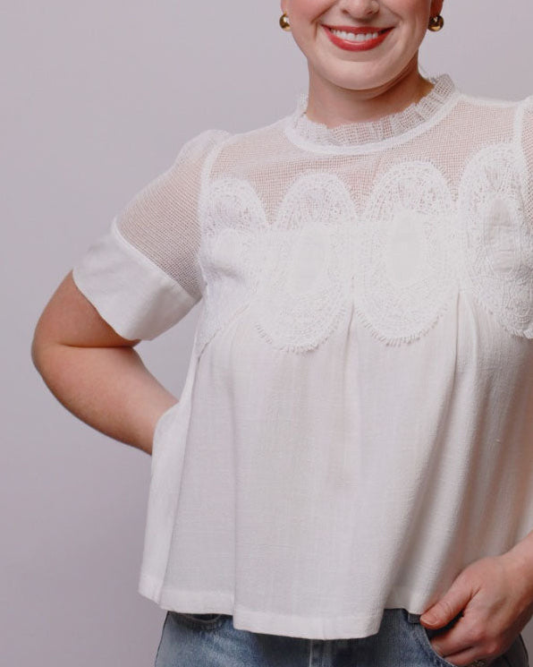 A smiling woman with red hair pulled back wears a white short-sleeve blouse with sheer mesh sleeves and a scalloped lace chest panel, paired with light blue jeans, against a plain light gray studio background.