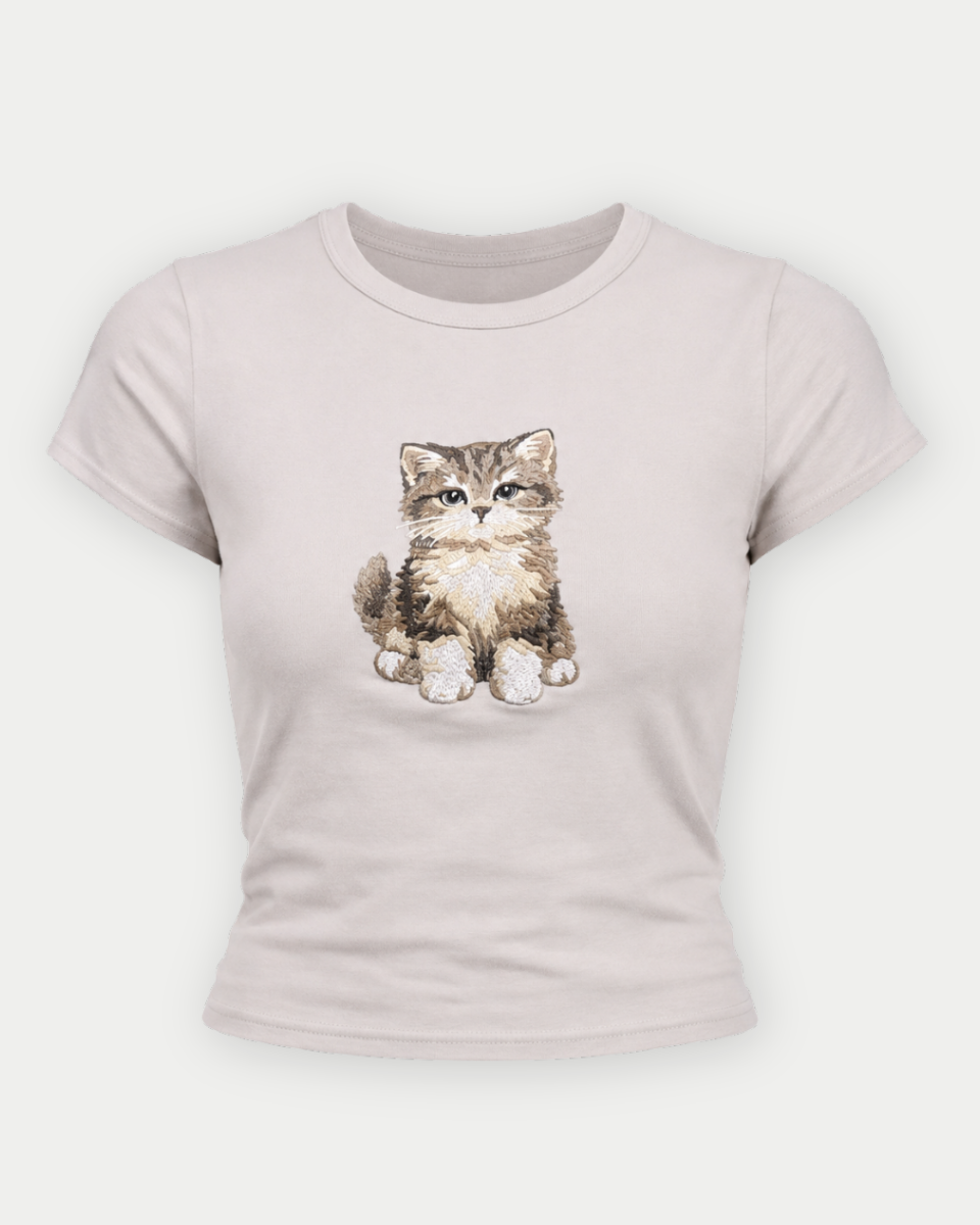 Cat Embroidery Crew Neck Women’s Baby Tee