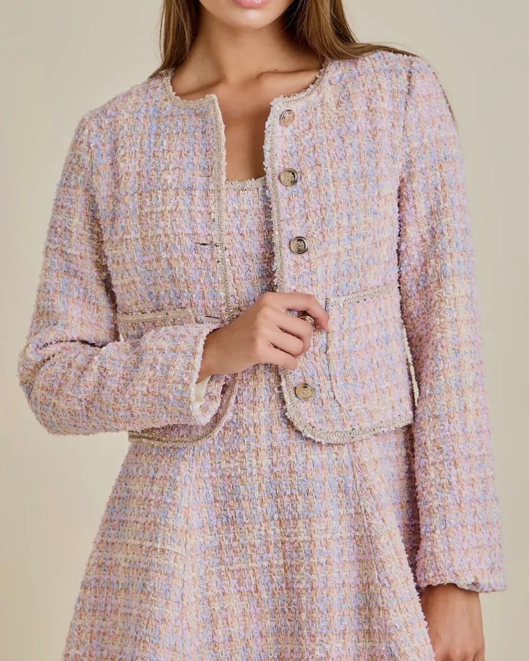 Sequin Braid Detailed Round Neck Tweed Jacket - Blackbird Boutique