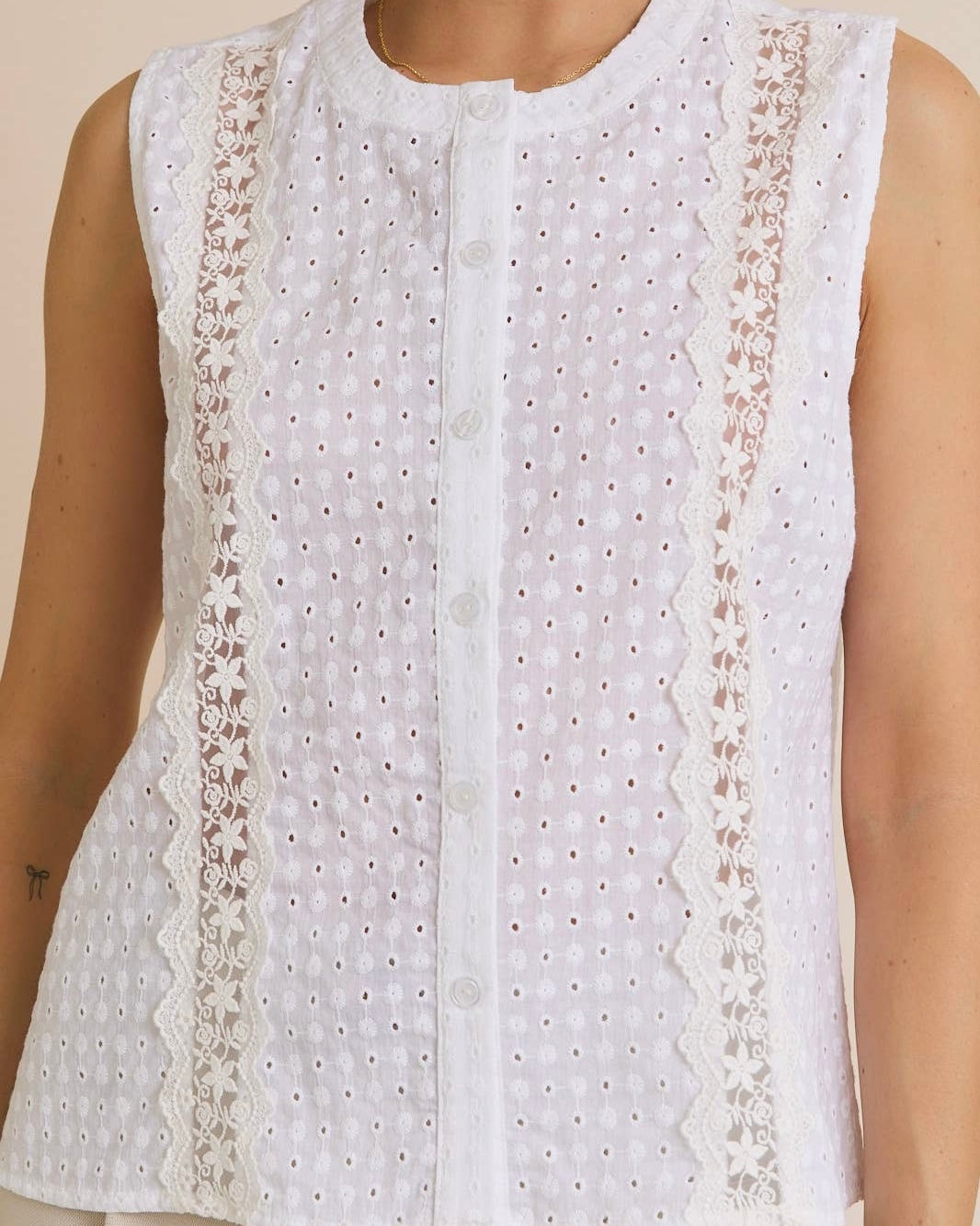 Round Neck Lace Detail Eyelet Top - Blackbird Boutique
