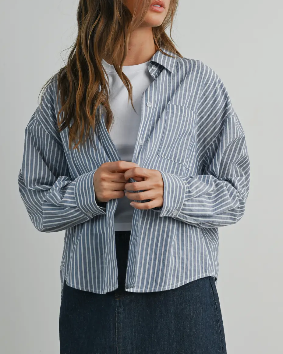 Striped Button-Up Collared Long Sleeve Shirt