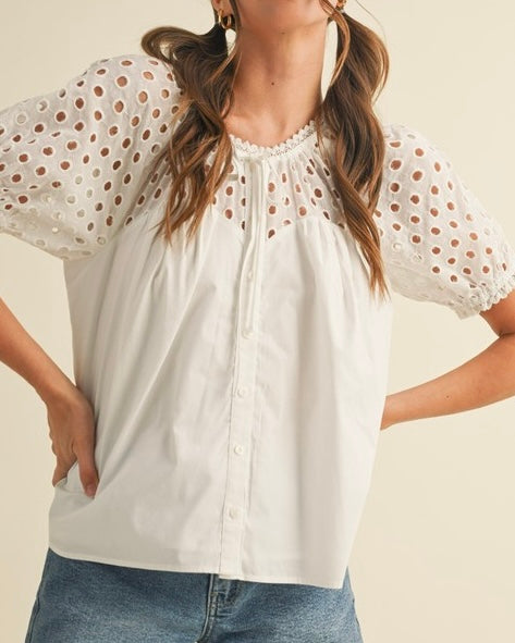 Cotton Shoulder Eyelet Popover Top in White - Blackbird Boutique