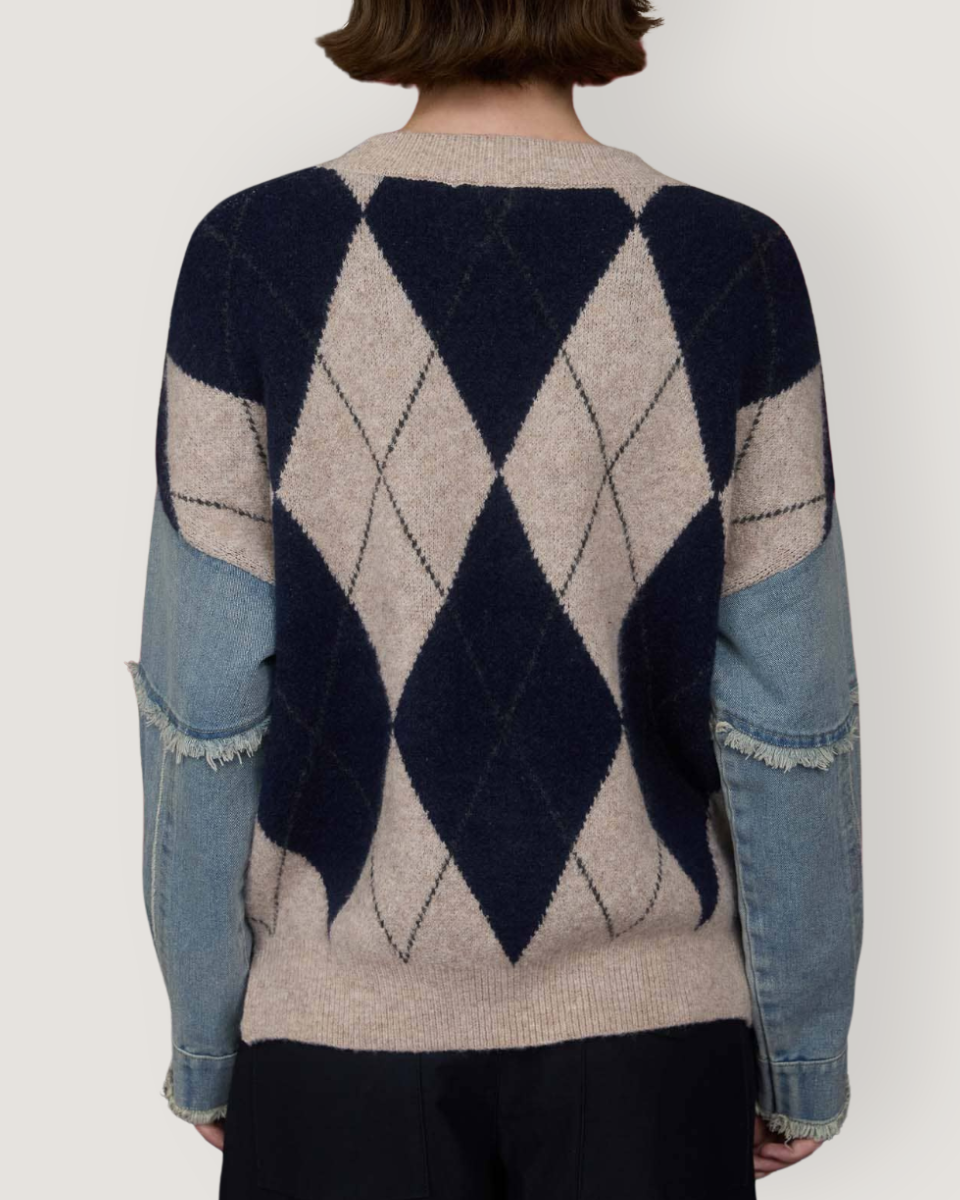 Argyle Distressed Denim Sleeve Knit Sweater