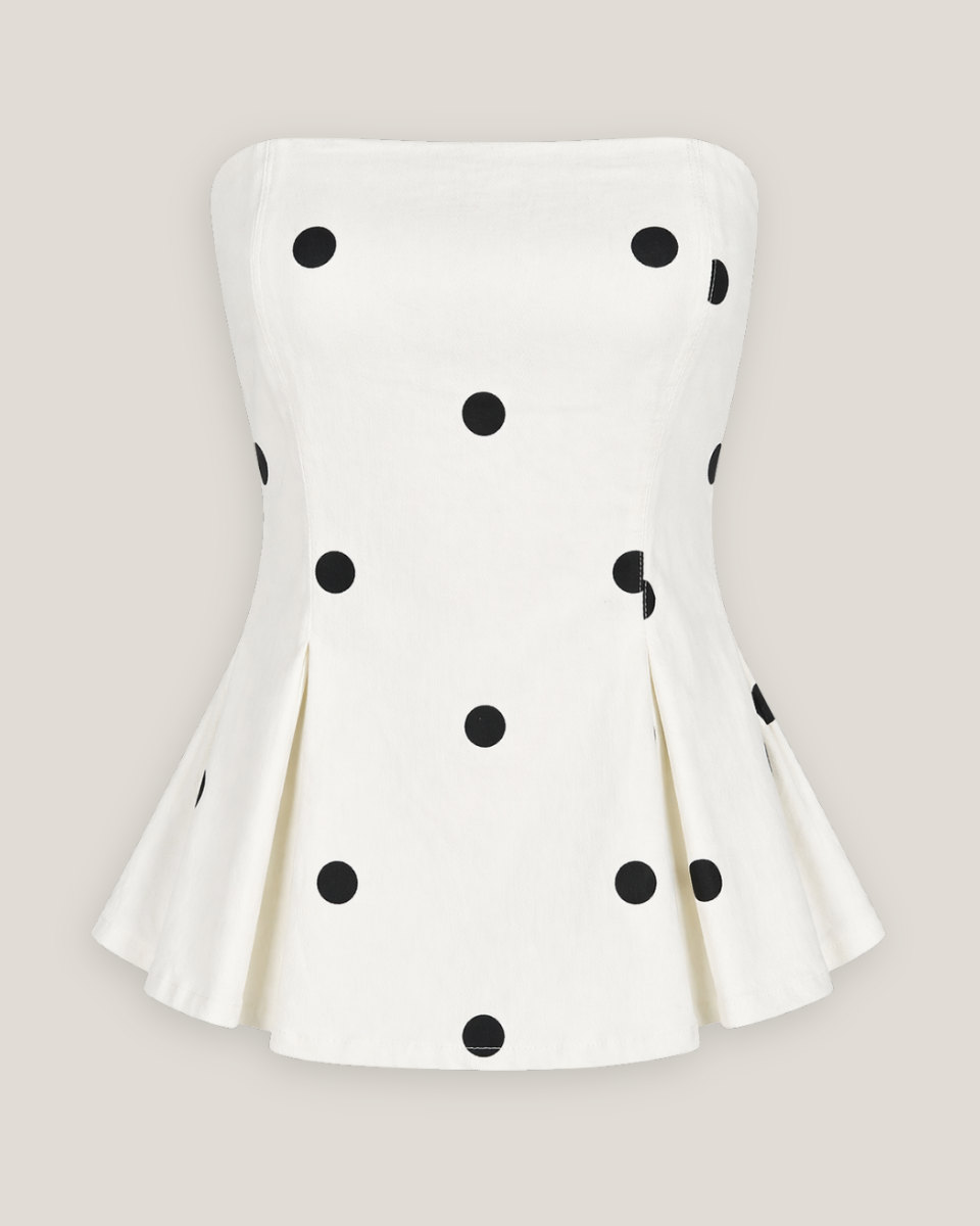 POLKADOT STRAPLESS PEPLUM TOP - Blackbird Boutique
