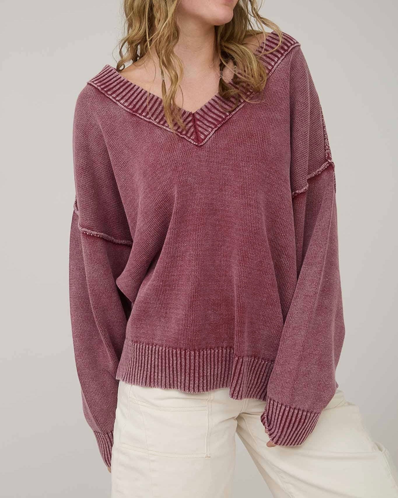 Washed V-Neck Oversized Sweater - Blackbird Boutique