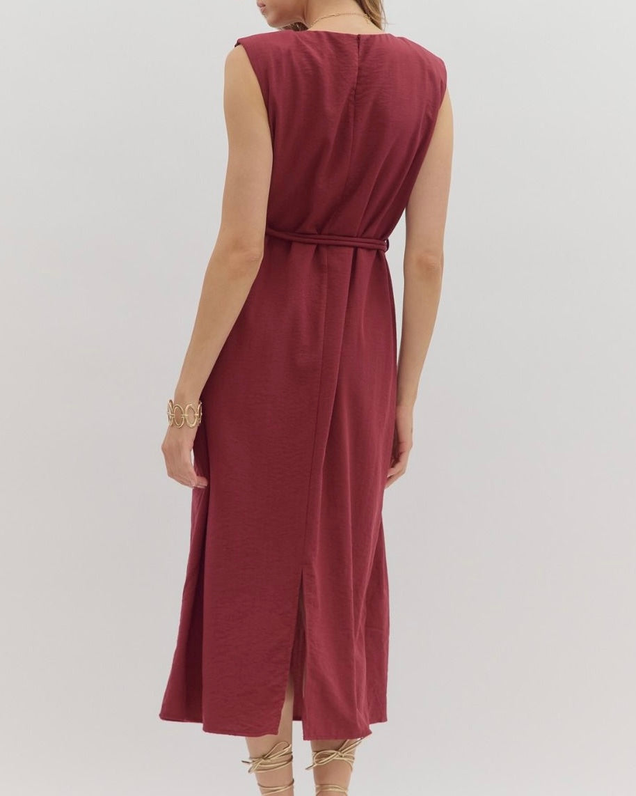 Belted Midi Dress in Burgundy - Blackbird Boutique