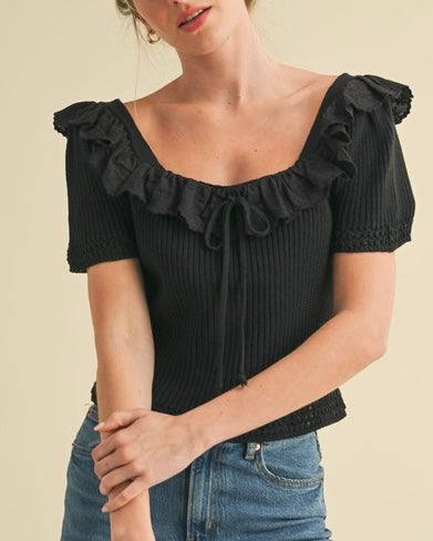 Square Neck Crochet Trim Sweater Top - Blackbird Boutique