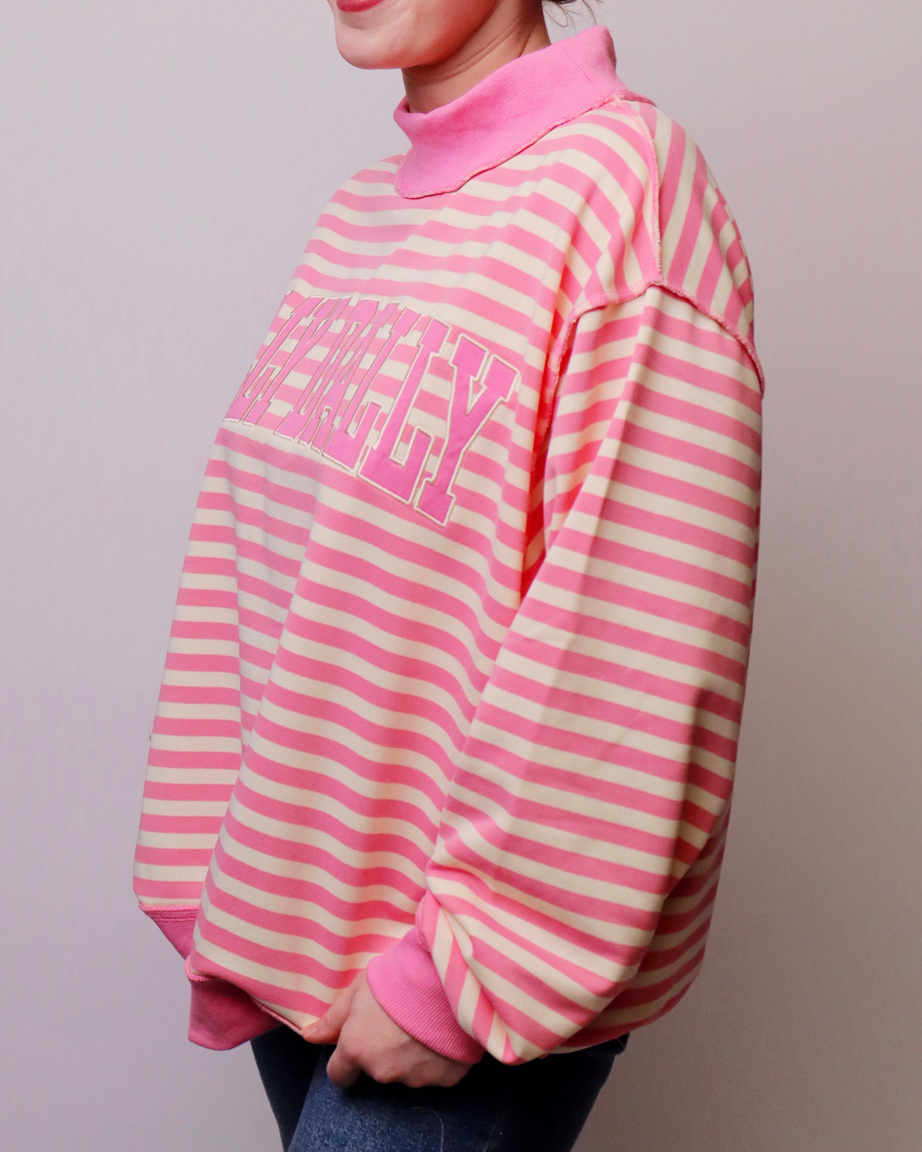 'DILLY DALLY' Mock Neck Sweatshirt - Pink Stripe
