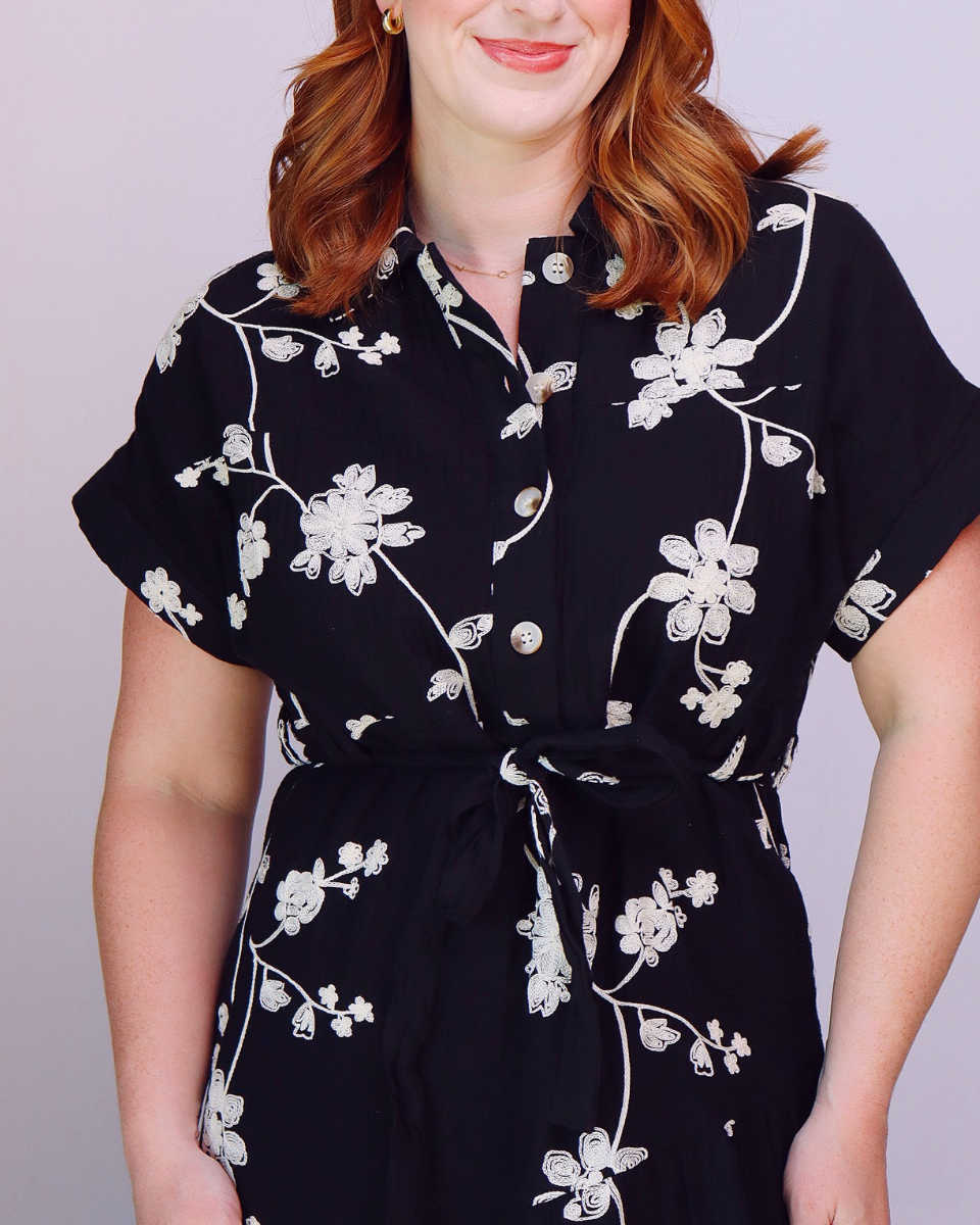 Delilah Belted Embroidered Button Down Shirt Dress