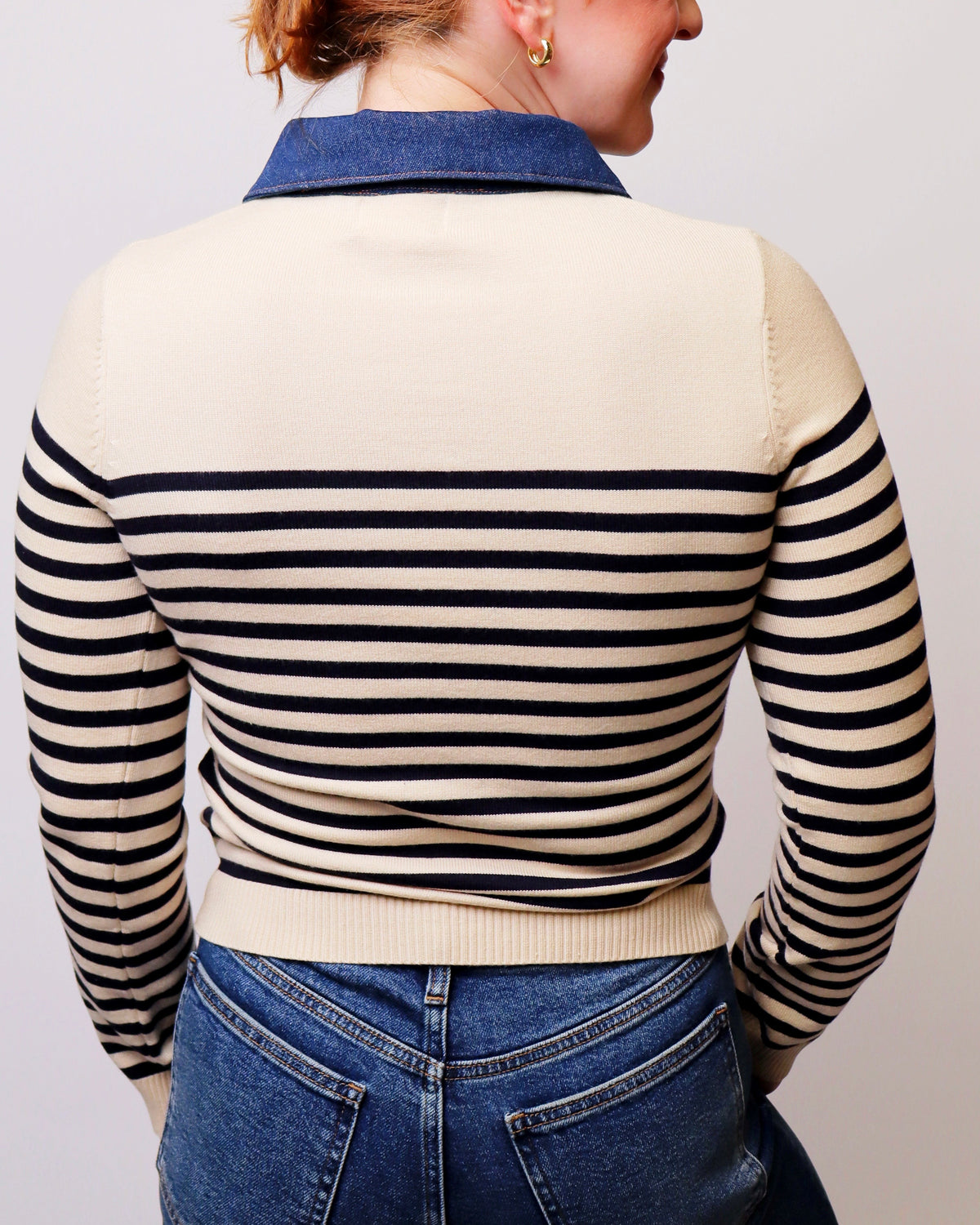 Denim Contrast Collar Striped Knit Sweater
