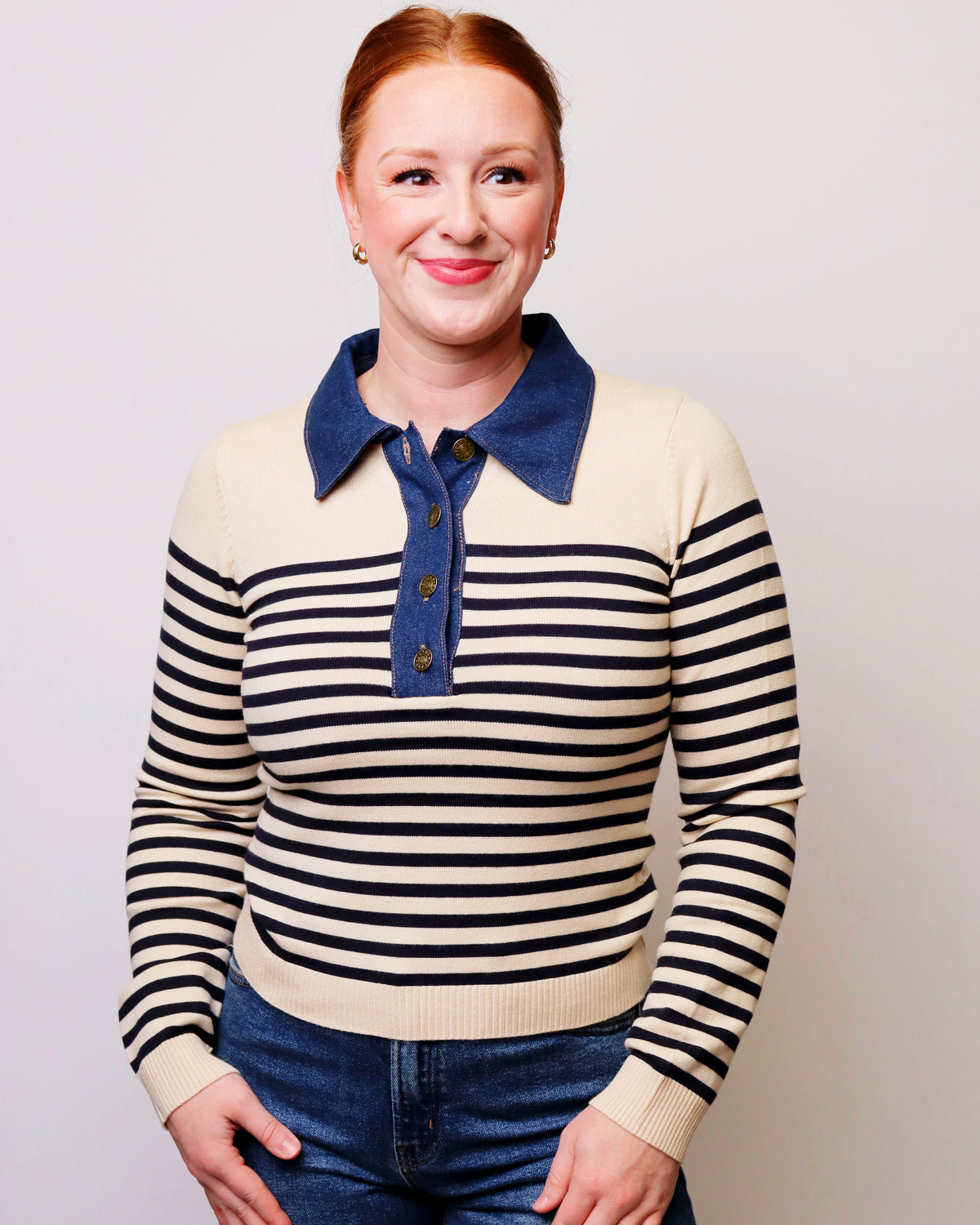 Denim Contrast Collar Striped Knit Sweater