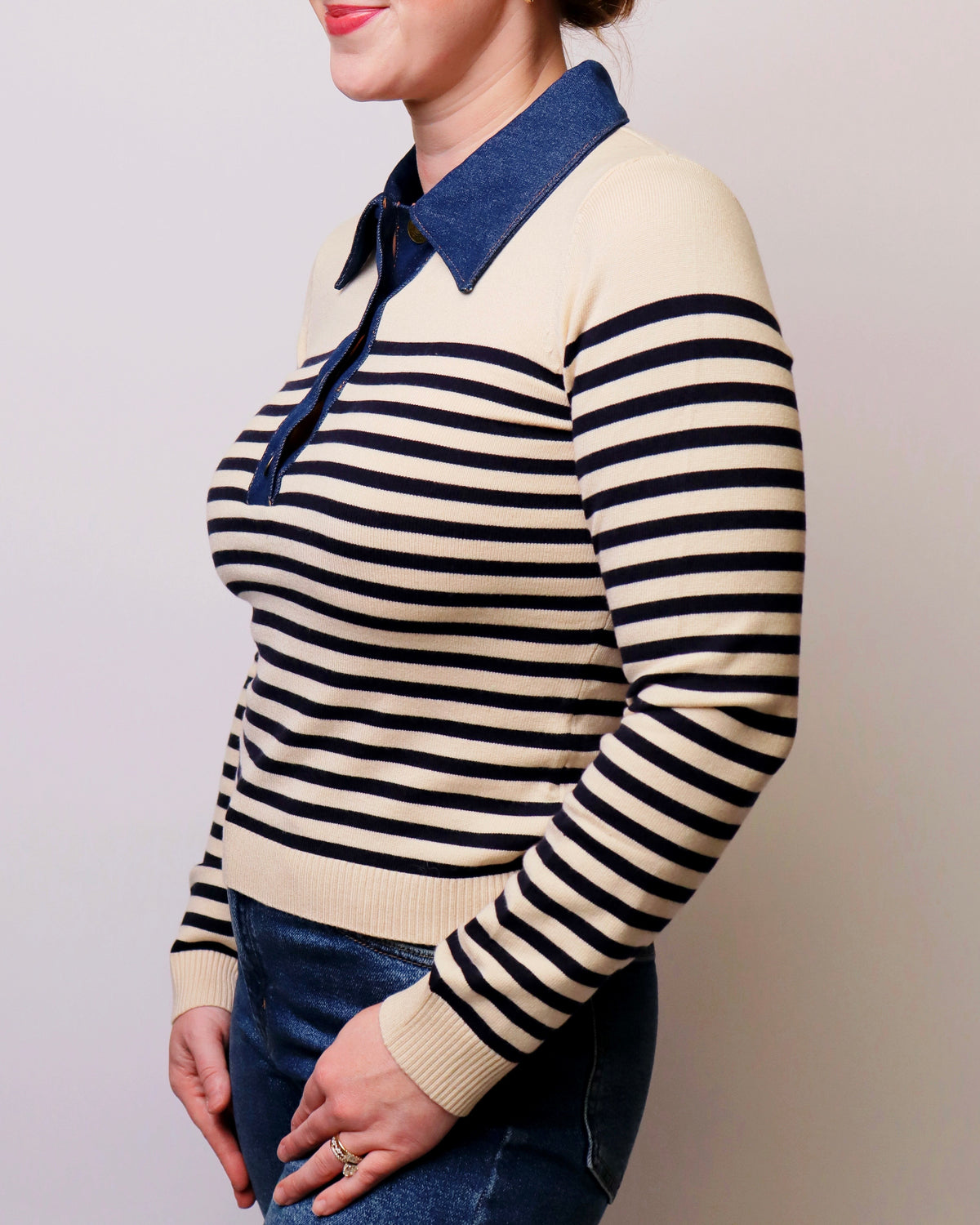Denim Contrast Collar Striped Knit Sweater