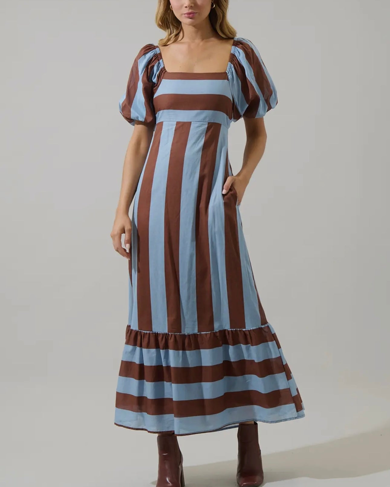 Evabelle Stripe Xena Puff Sleeve Maxi Dress - Blackbird Boutique